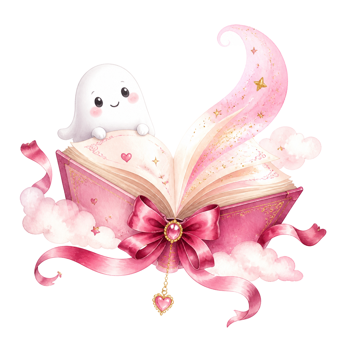 A magical open storybook with ribbons, sparkles and the Storyboo ghost mascot